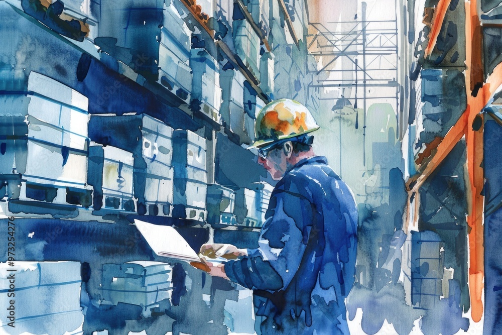 Poster A person standing in a warehouse with colorful boxes and crates