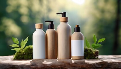 Eco-Friendly Refillable Bottles - a mockup showcasing sustainable cosmetic bottles crafted from recycled materials, ideal for eco-conscious packaging design. Graphic art illustration