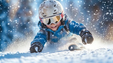 A young boy is skiing down a snowy slope, wearing a helmet and goggles. He is smiling and he is enjoying himself