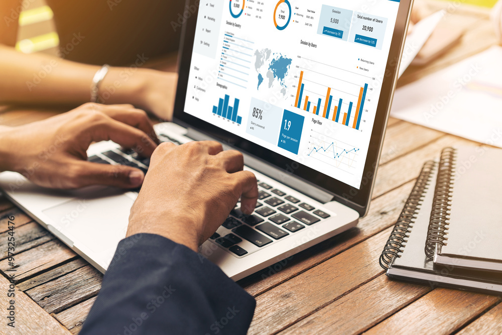 Poster computer software for website traffic analytics data on computer screen. concept of seo search engin