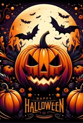 Vector Halloween trick card with bats and scary pumpkins poster