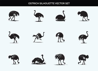 Black Silhouette of Ostrich Bird - Editable Vector on Transparent Background