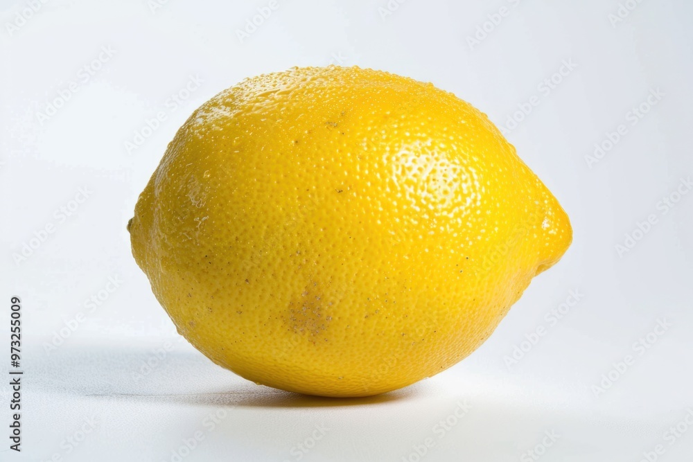 Poster a close-up view of a single lemon sitting on a white surface
