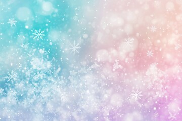 Fototapeta premium Light pastel snowflakes on a pink and green soft, glowing winter background