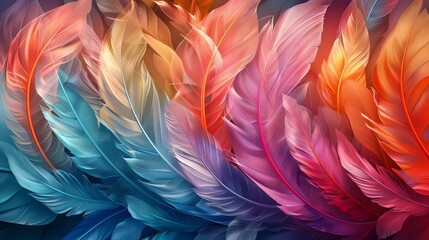 A colorful image of feathers with a blue and orange feather in the middle