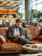 Young man sitting on a brown leather sofa, using his phone.