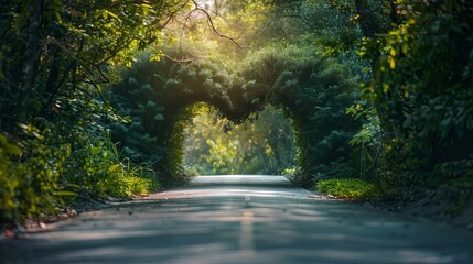 Fototapeta premium A road with a heart shaped bush in the middle