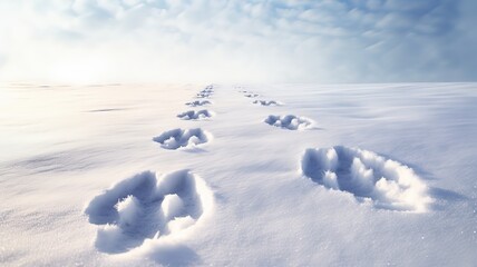 A snowy field with a path of paw prints leading through it