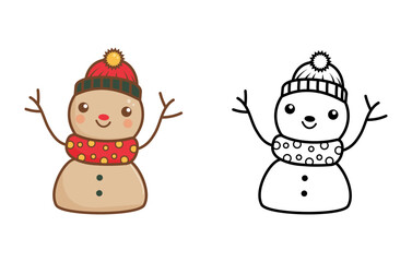 Cute snowman line art coloring page for kids activities, one colored and one in black and white, ready for print.