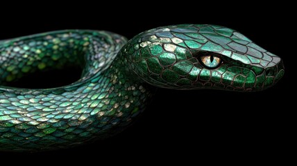 Fototapeta premium Intricately carved green snake with bright emerald eyes, symbolizing 2025.