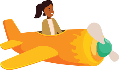 Cartoon illustration of a young businesswoman flying an orange plane with flames, perfect for themes of business success and leadership
