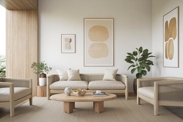 Fototapeta premium Japandi 3D Illustration of Minimalist Scandinavian Interior Design - Modern Boho Living Room with Wooden Furniture, Stylish Sofa, and Natural Decor.