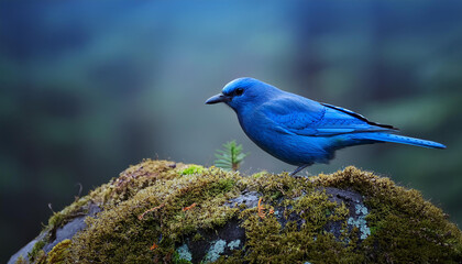 close up photo of blue bird on mossy wood