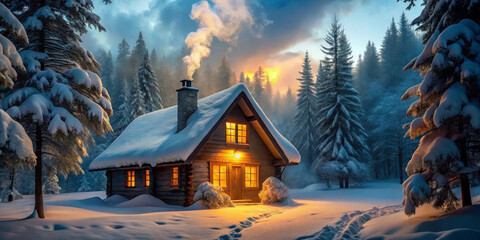 Cozy Cabin in a Snowy Winter Forest at Dusk