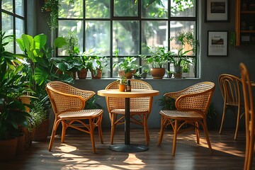 Fototapeta premium Sun-drenched cafe interior with bamboo furniture and lush greenery