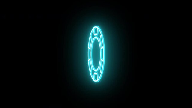 Neon poker chip animation, rotation around vertical axis. Glowing neon 3D casino chip icon, looped spin. Poker playroom, game token, gambling, casino club, lucky bet. Azure, blue, violet colors