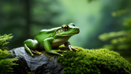 Obraz premium close up photo of a green frog on a mossy rock