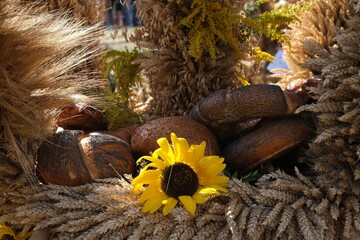 Details of harvest wreaths on  harvest festival