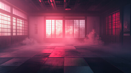  traditional Japanese-style dojo or karate school, featuring a hazy atmosphere in the air. 3d 
