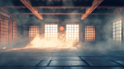  traditional Japanese-style dojo or karate school, featuring a hazy atmosphere in the air. 3d 