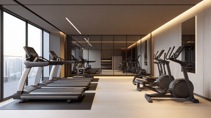 "A contemporary, high-end gym interior within a residential building, equipped with Technogym gear. The setup includes two Excite Live Run treadmills, two Excite Live Synchro ellipticals, 