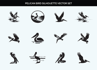 Black Silhouette of Pelican Bird - Editable Vector on Transparent Background