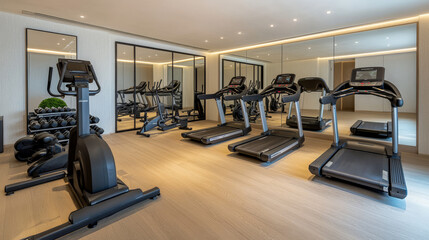 "A contemporary, high-end gym interior within a residential building, equipped with Technogym gear. The setup includes two Excite Live Run treadmills, two Excite Live Synchro ellipticals, 