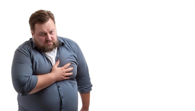 unfit morbidly obese male man grabbing chest pain with coronary or heart attack angina waiting to happen concept. Weight loss gastric bypass candidate. isolated on white background with copy space
