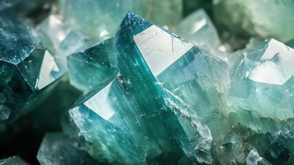 Polished dioptase crystal captured in a detailed macro image with vivid teal tones.