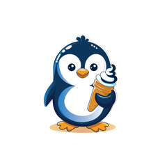 Cute cartoon penguin holding ice cream, perfect for kids' products, illustrations, or fun designs