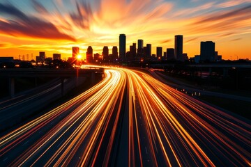 A captivating image of the Houston skyline at sunset, showcasing a highway filled with streaking lights, symbolizing the energy, movement, and progress of the city.  The vibrant colors of the sky and 