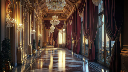 Obraz premium Elegant corridor with chandeliers and draped curtains, illuminated by soft sunlight.