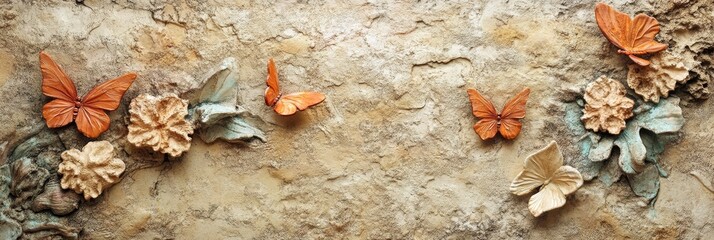A close-up shot of a rustic stucco wall decorated with delicate butterfly-shaped sculptures and natural floral elements, creating a serene and organic aesthetic.