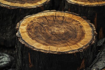 Fototapeta premium A close-up view of a tree stump slice revealing intricate circular cuts, showcasing the natural beauty and texture of wood. The dark bark contrasts with the warm tones of the exposed wood, creating a 