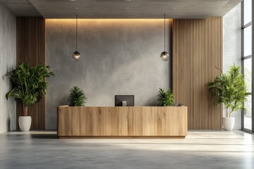 Fototapeta premium modern office lobby reception desk with friendly receptionist, concept banner mockup for corporate workspace