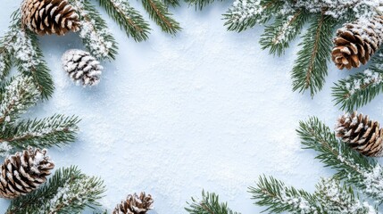 A festive winter frame composed of snow-covered pine branches and pinecones on a light blue background.  Perfect for holiday cards, invitations, or winter-themed designs.