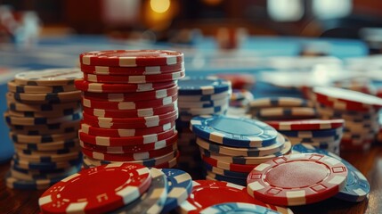 Stacks of colorful poker chips on table