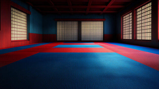 "Traditional blue and red tatami mats in a martial arts hall, serving as a background for text."