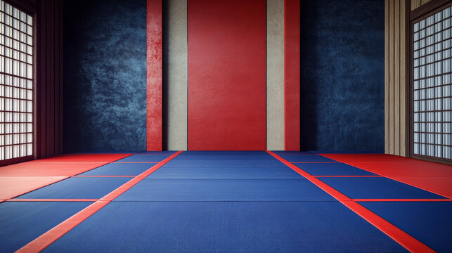 "Traditional blue and red tatami mats in a martial arts hall, serving as a background for text."