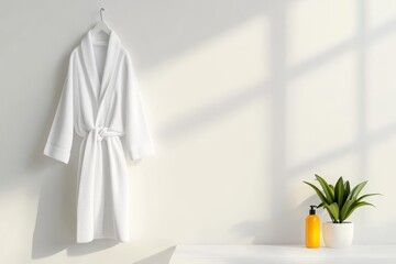 A pristine white bathrobe hangs gracefully on a hanger against a backdrop of soft, natural light. The robe's plush texture and classic design evoke a sense of relaxation and comfort, ideal for a spa-l
