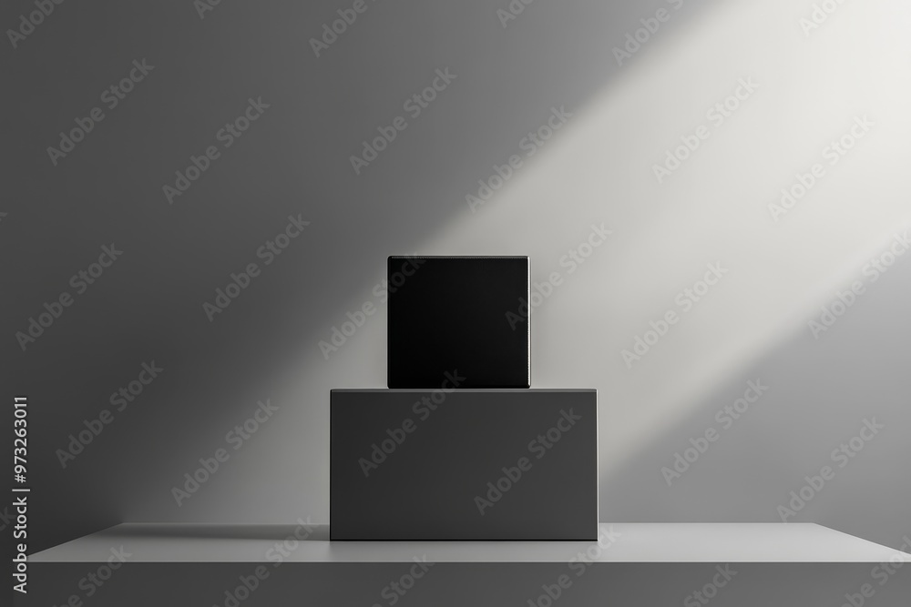 Poster a simple yet elegant display featuring a black pedestal and cube on a gray background, perfect for s