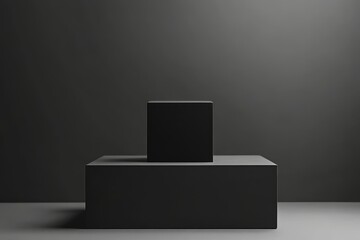 A simple yet elegant still life featuring a black pedestal on a gray background. The pedestal is topped with a smaller cube, creating a minimalist and modern composition. Ideal for showcasing products