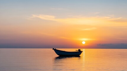 Obraz premium A single boat rests peacefully on the calm waters of a lake or ocean at sunrise, the golden sunlight reflecting on the surface and illuminating the sky with warm hues.