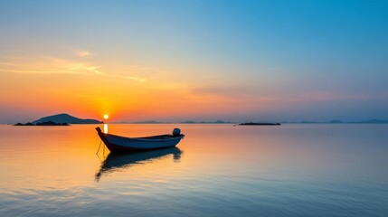 Naklejka premium A solitary boat rests on the calm waters of a serene lake as the sun sets, casting a warm glow over the horizon. The peaceful scene evokes feelings of tranquility, solitude, and the beauty of nature.