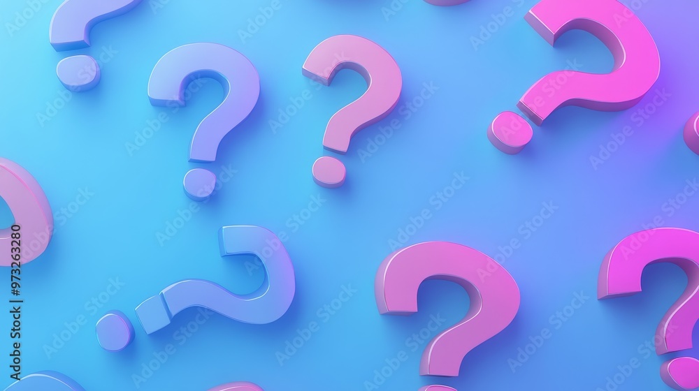 Poster a vibrant and colorful gradient background features a scattered pattern of pink and blue question ma