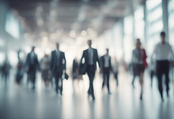 Blurred figures of business professionals strolling at an expo conference or within a contemporary hBlurred figures of business professionals strolling at an expo conference or within a contemporary h