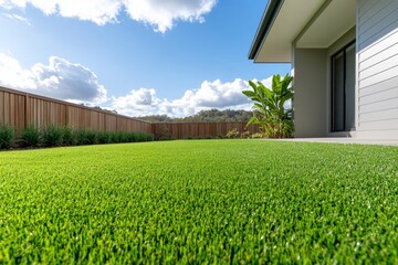 A vibrant green artificial grass lawn with a wooden fence edging, creating a beautiful and low-maintenance outdoor space perfect for relaxation and enjoyment. The lawn is well-maintained and provides 
