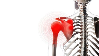 view of shoulder pain with red heat source to show hurt area.  shoulder with x ray type image. shoulder pain in detail - Sports injuries concept isolated on white background with copy space