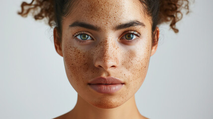 the face of a mulatto girl with freckles and curly hair