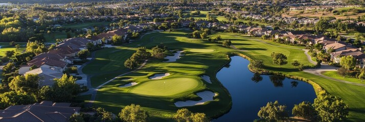 Fototapeta premium Aerial view of a picturesque golf course surrounded by upscale homes, showcasing a blend of natural beauty and luxurious living.